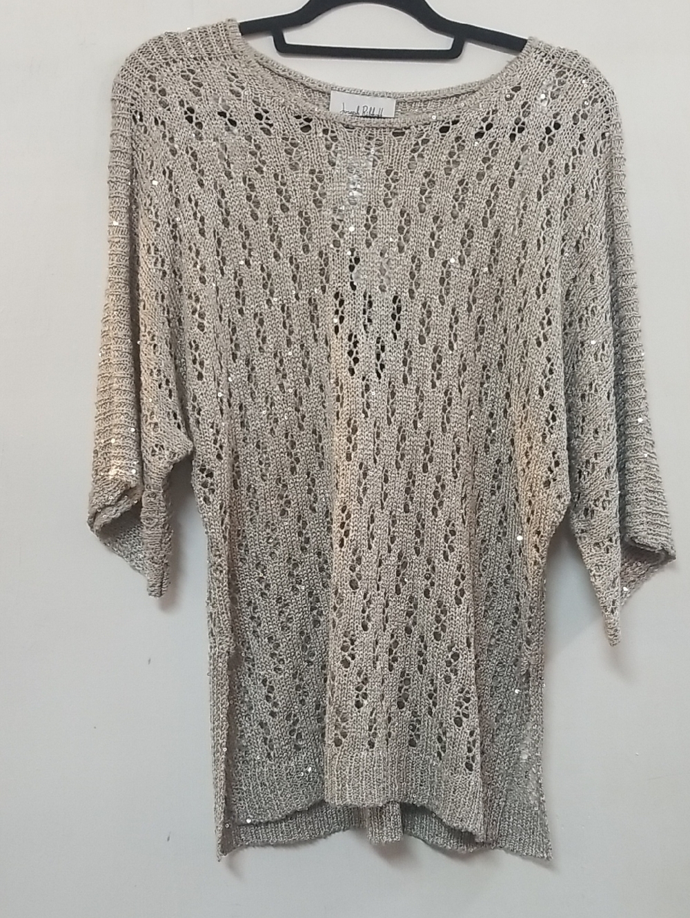 Joseph Ribkoff Metallic Open-Knit Scoop Neck Sweater in Beige
